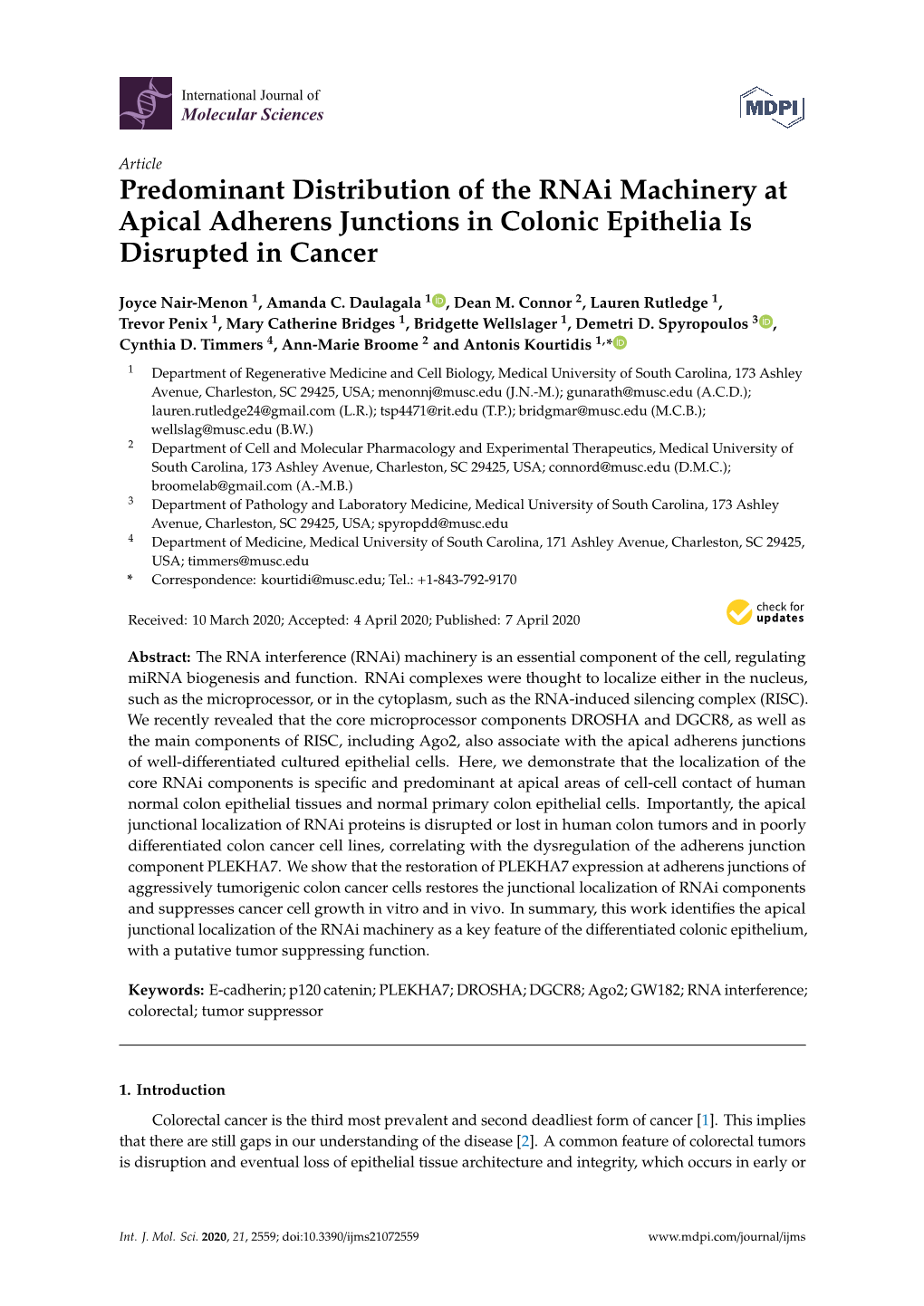 Predominant Distribution of the Rnai Machinery at Apical Adherens Junctions in Colonic Epithelia Is Disrupted in Cancer