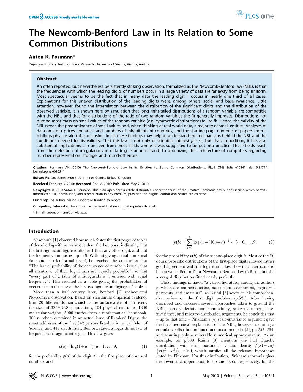 The Newcomb-Benford Law in Its Relation to Some Common Distributions