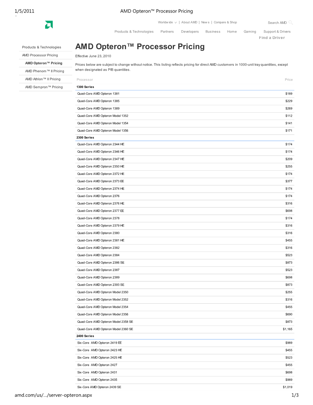 AMD Opteron\231 Processor Pricing