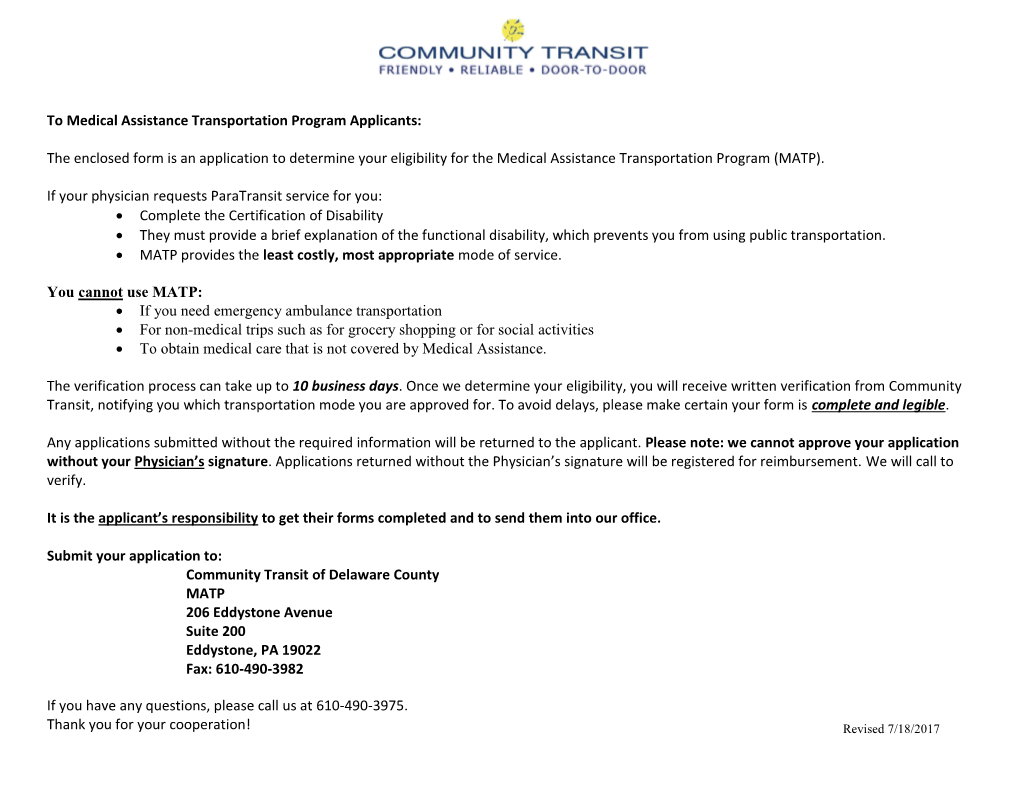 To Medical Assistance Transportation Program Applicants