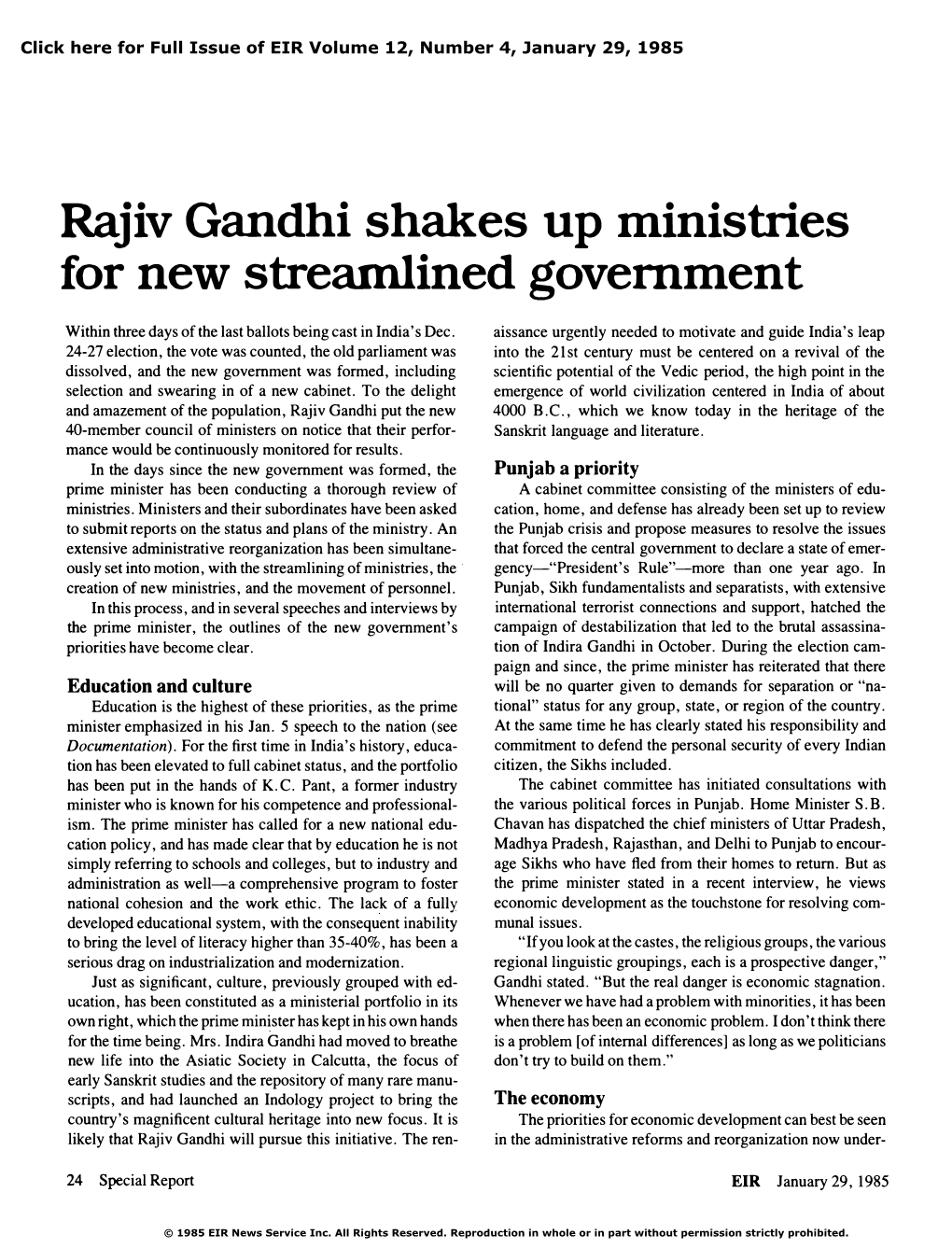 Rajiv Gandhi Shakes up Ministries to Form New Streamlined