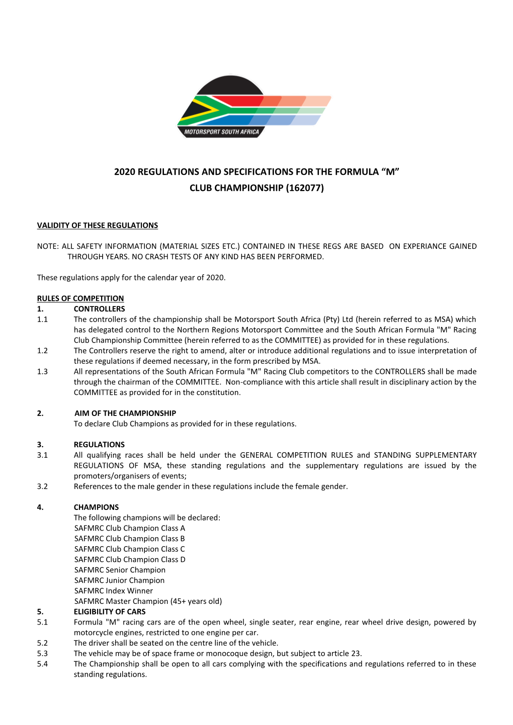 2020 Regulations and Specifications for the Formula “M” Club Championship (162077)