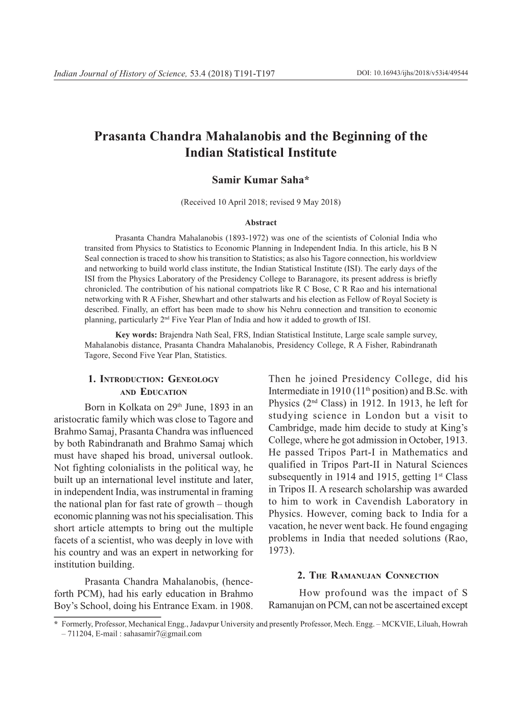 Prasanta Chandra Mahalanobis and the Beginning of the Indian Statistical Institute