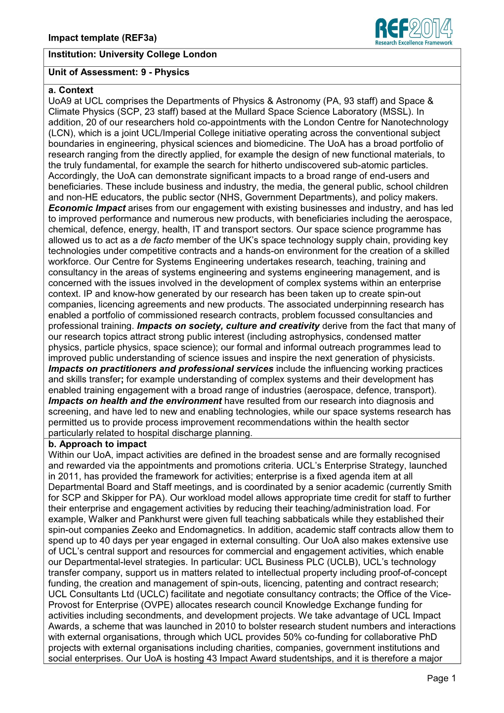 Impact Template (Ref3a) Page 1 Institution
