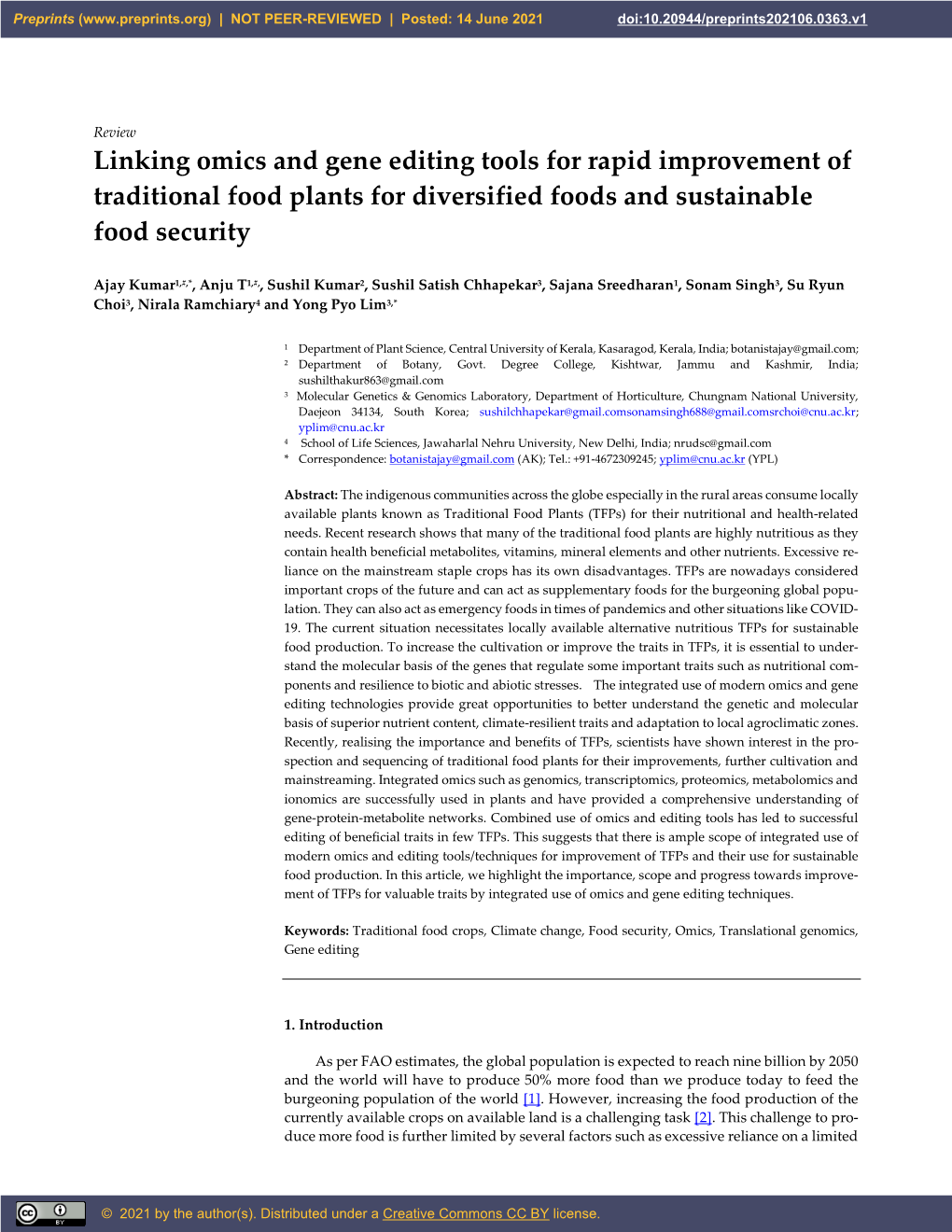 Linking Omics and Gene Editing Tools for Rapid Improvement of Traditional Food Plants for Diversified Foods and Sustainable Food Security
