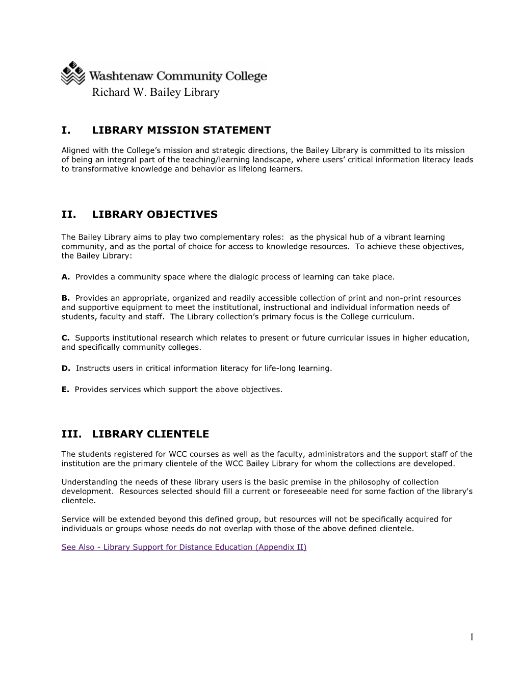 Washtenaw Community College Bailey Library Collection Development Statement