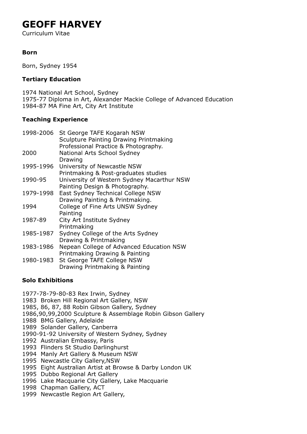 GEOFF HARVEY Curriculum Vitae