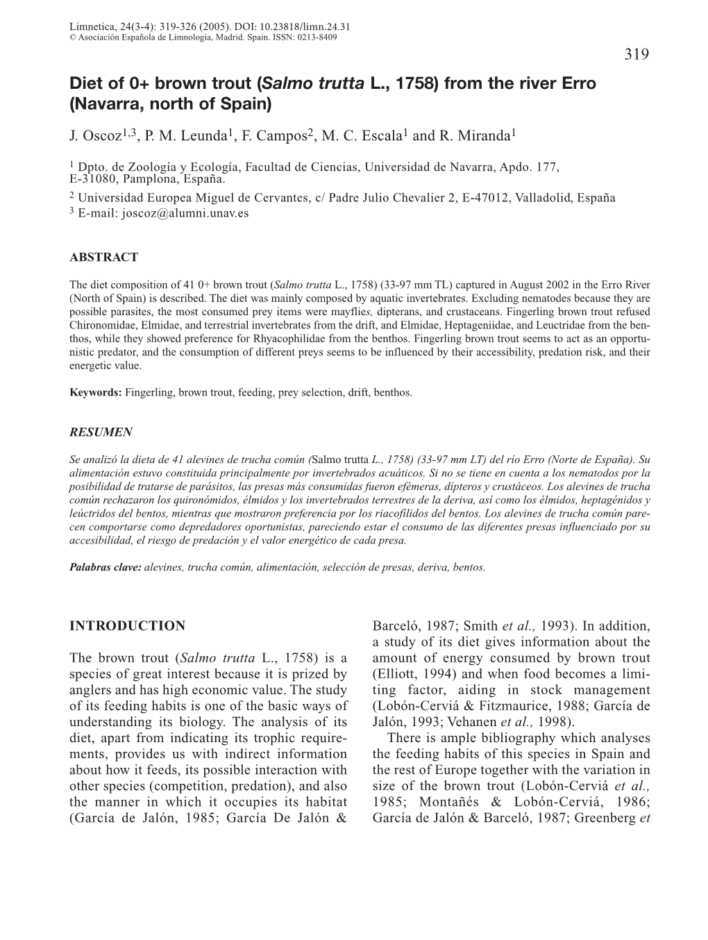 Diet of 0+ Brown Trout (Salmo Trutta L., 1758) from the River Erro (Navarra, North of Spain)