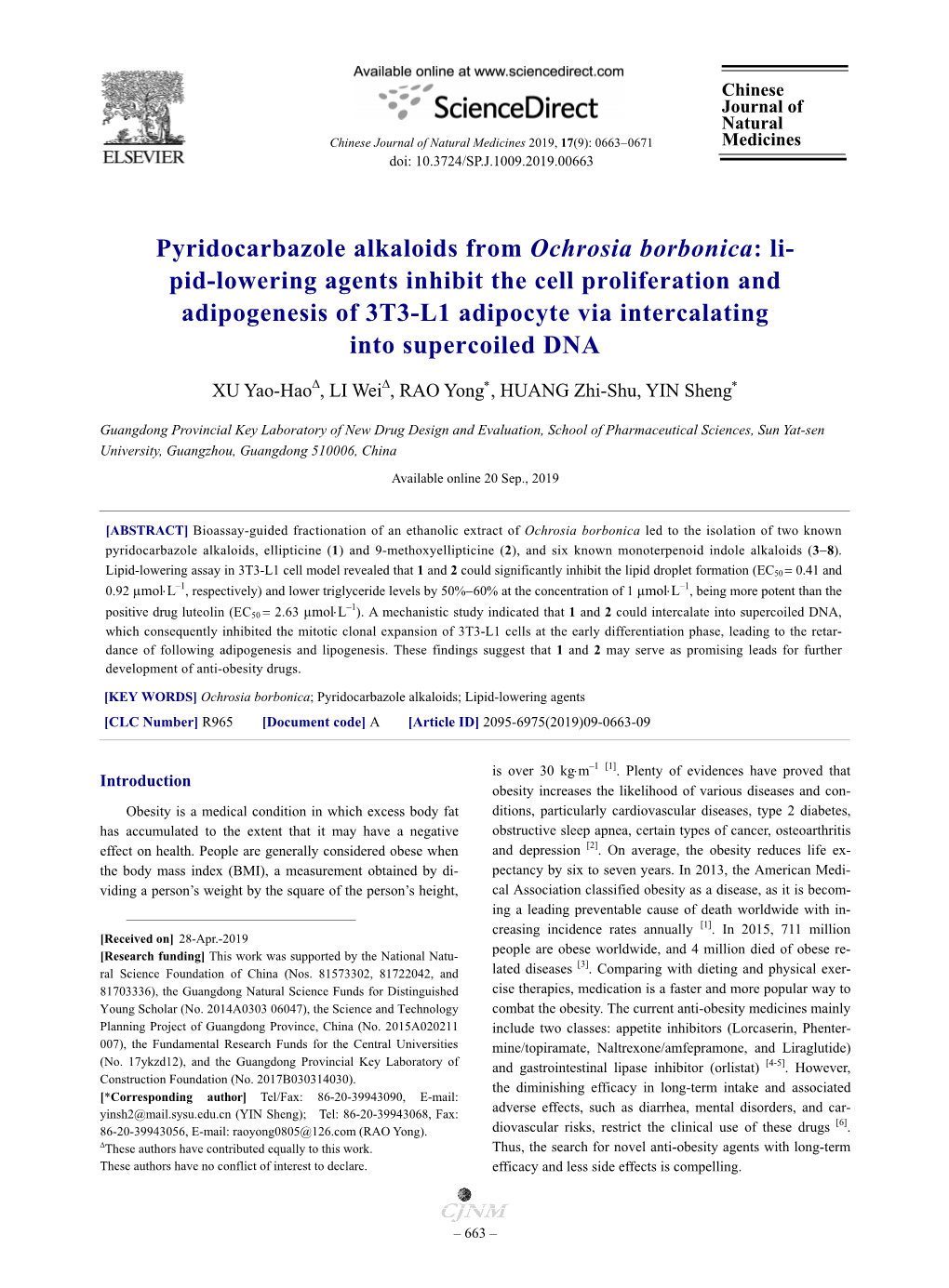 Pyridocarbazole Alkaloids from Ochrosia Borbonica: Li- Pid-Lowering