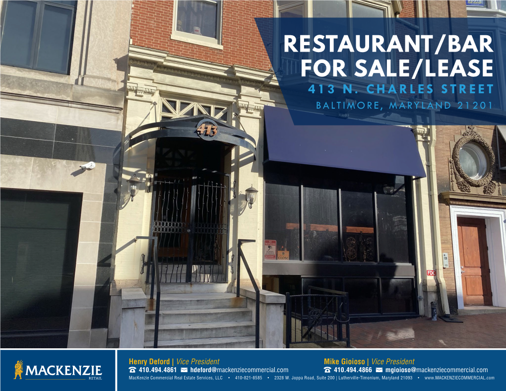 Sale/Lease Baltimore City, Maryland RESTAURANT/BAR for SALE/LEASE 413 N