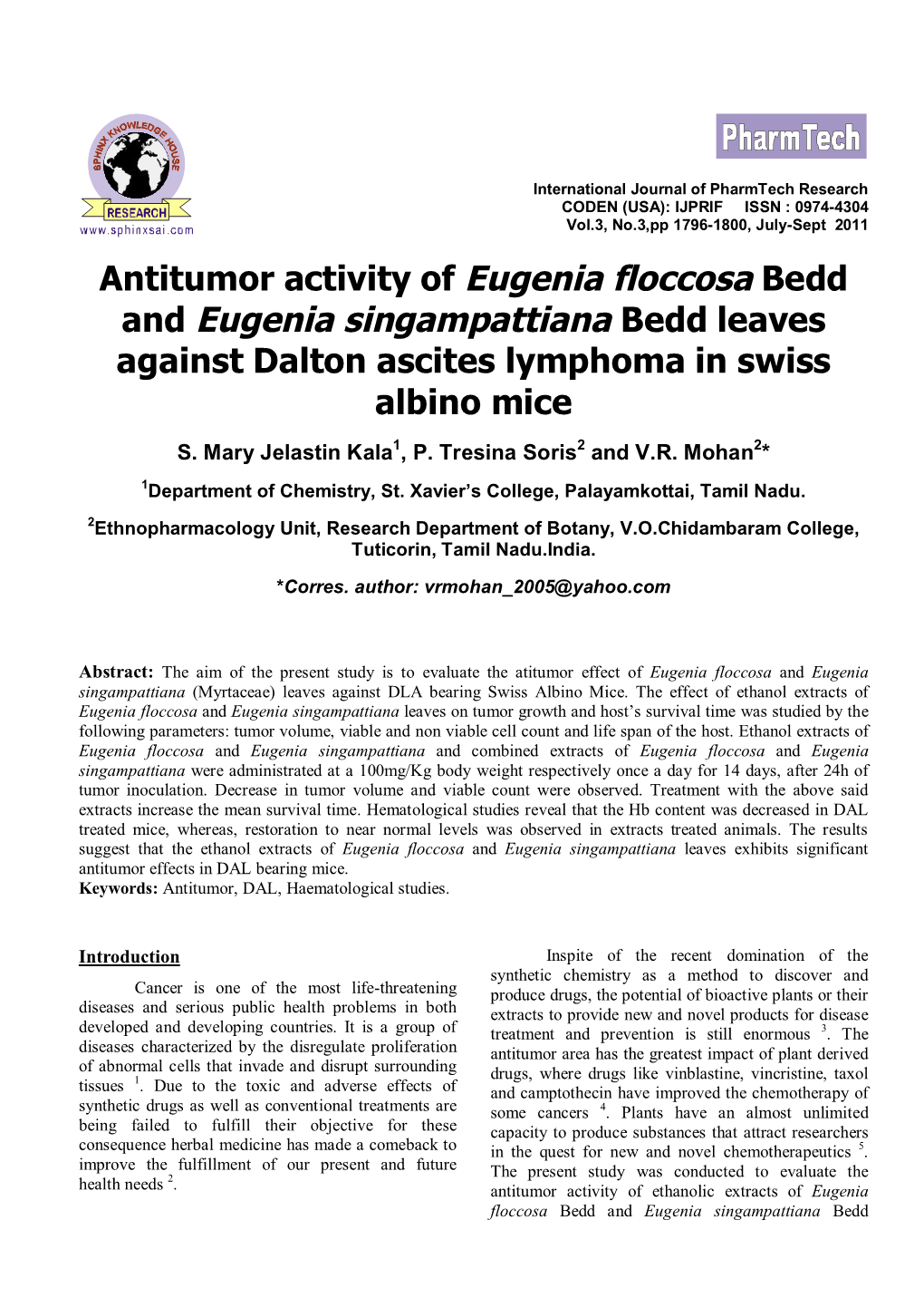 Antitumor Activity of Eugenia Floccosa Bedd and Eugenia Singampattiana Bedd Leaves Against Dalton Ascites Lymphoma in Swiss Albino Mice S