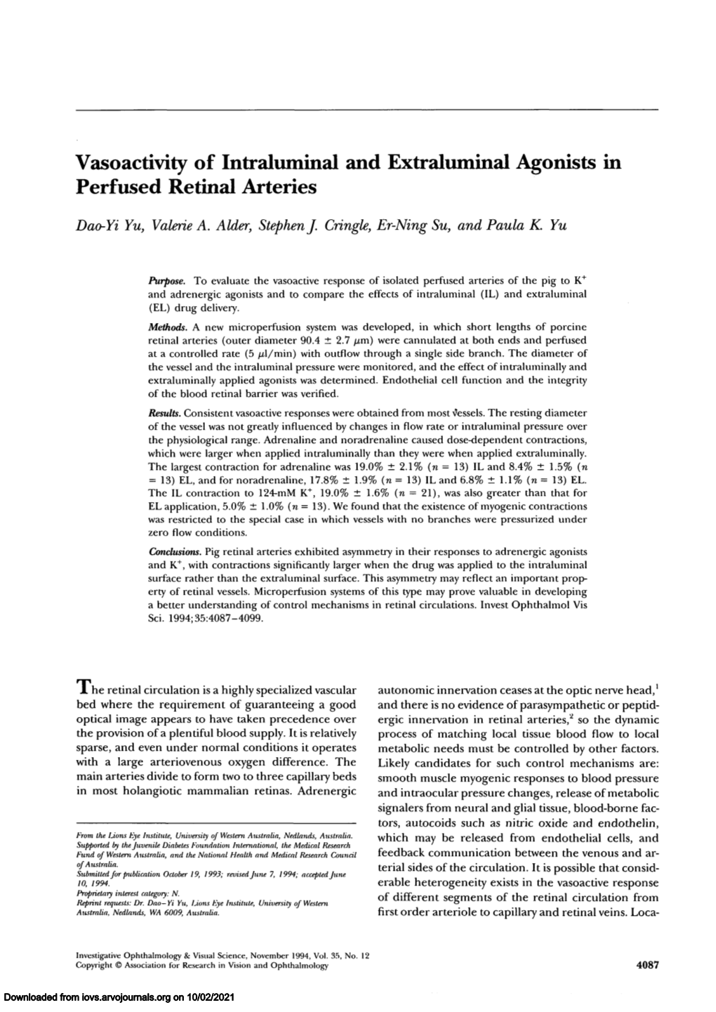 Vasoactivity of Intraluminal and Extraluminal Agonists in Perfused Retinal Arteries