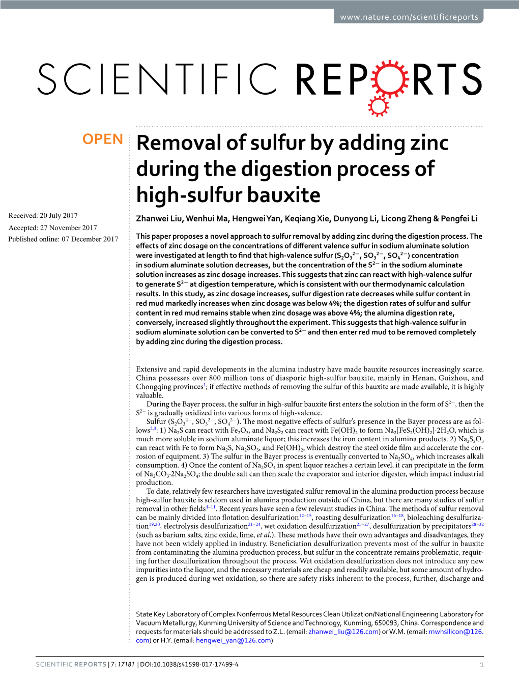 Removal of Sulfur by Adding Zinc During the Digestion Process of High-Sulfur Bauxite