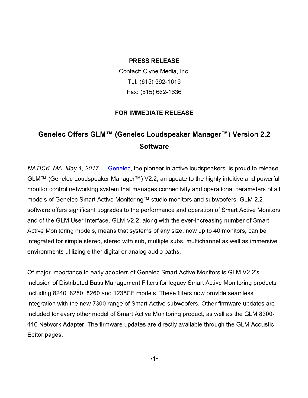 Genelec Offers GLM (Genelec Loudspeaker Manager ) Version 2.2 Software