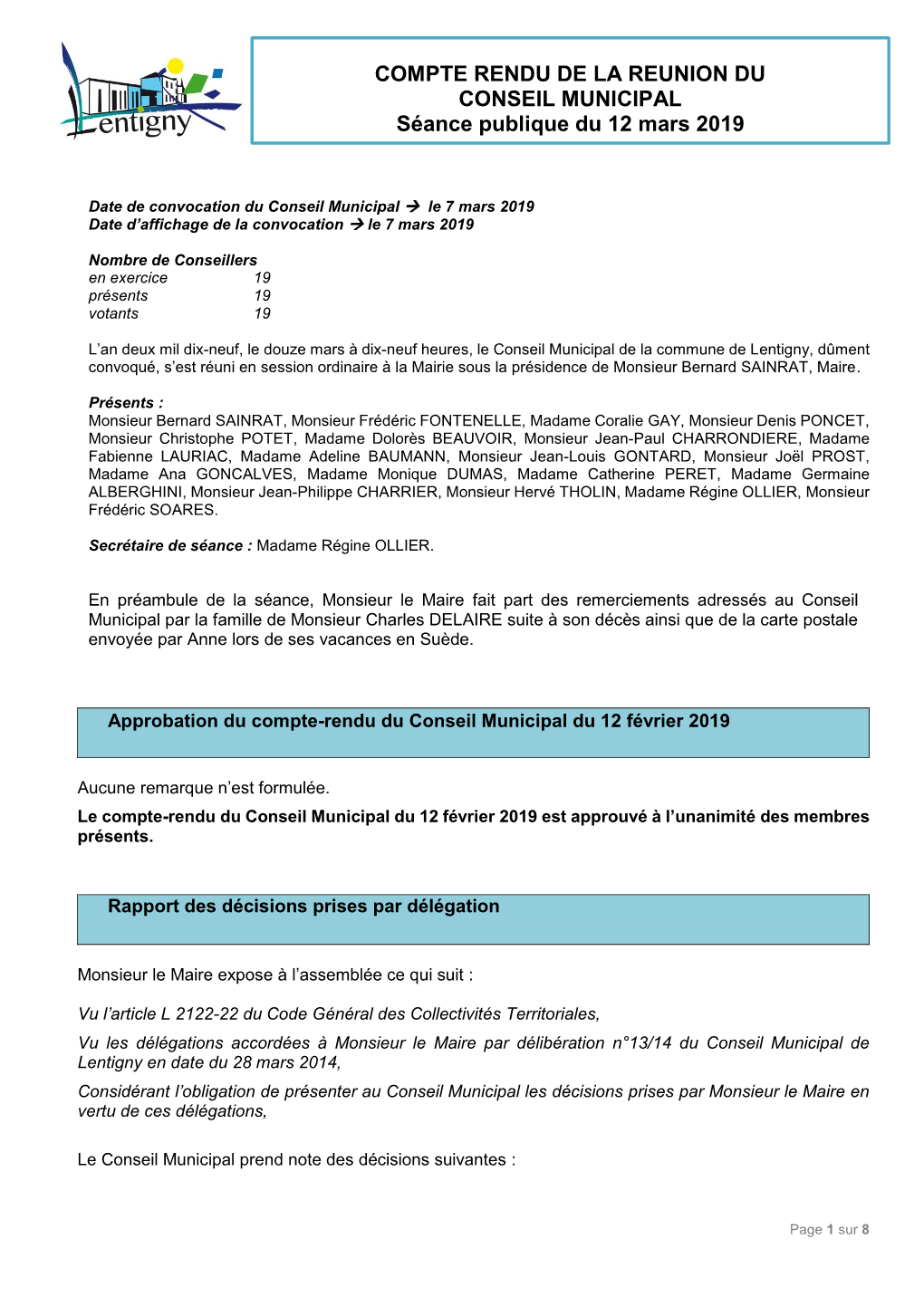 COMPTE RENDU DE LA REUNION DU CONSEIL MUNICIPAL Séance Publique Du 12 Mars 2019