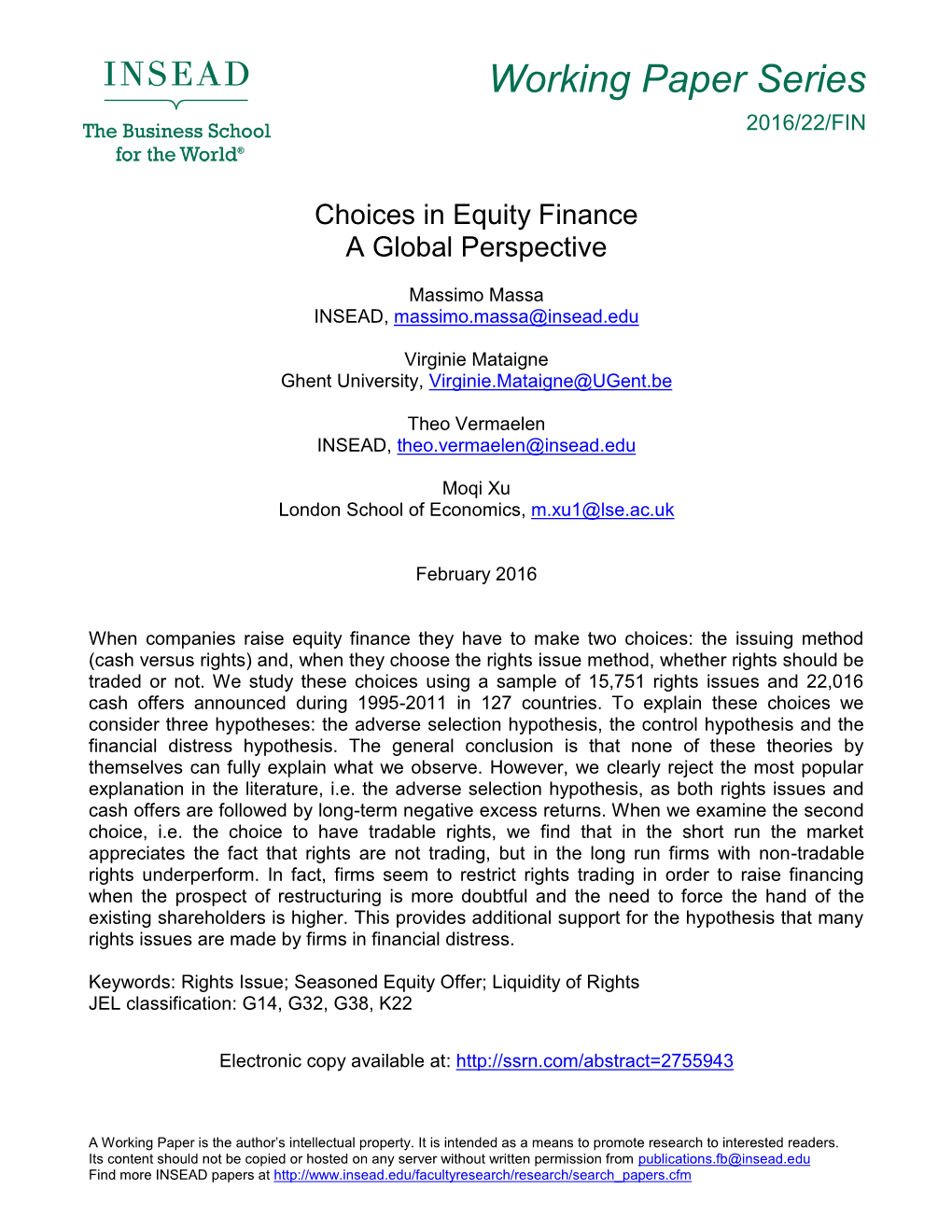 Choices in Equity Finance a Global Perspective