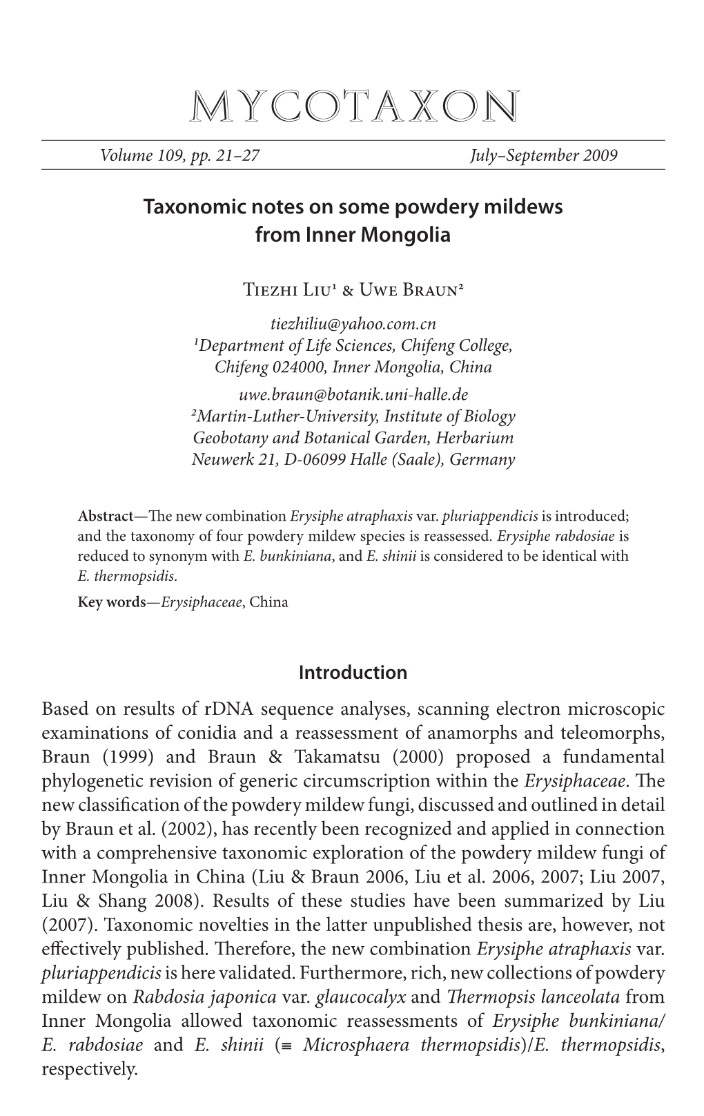 Taxonomic Notes on Some Powdery Mildews from Inner Mongolia