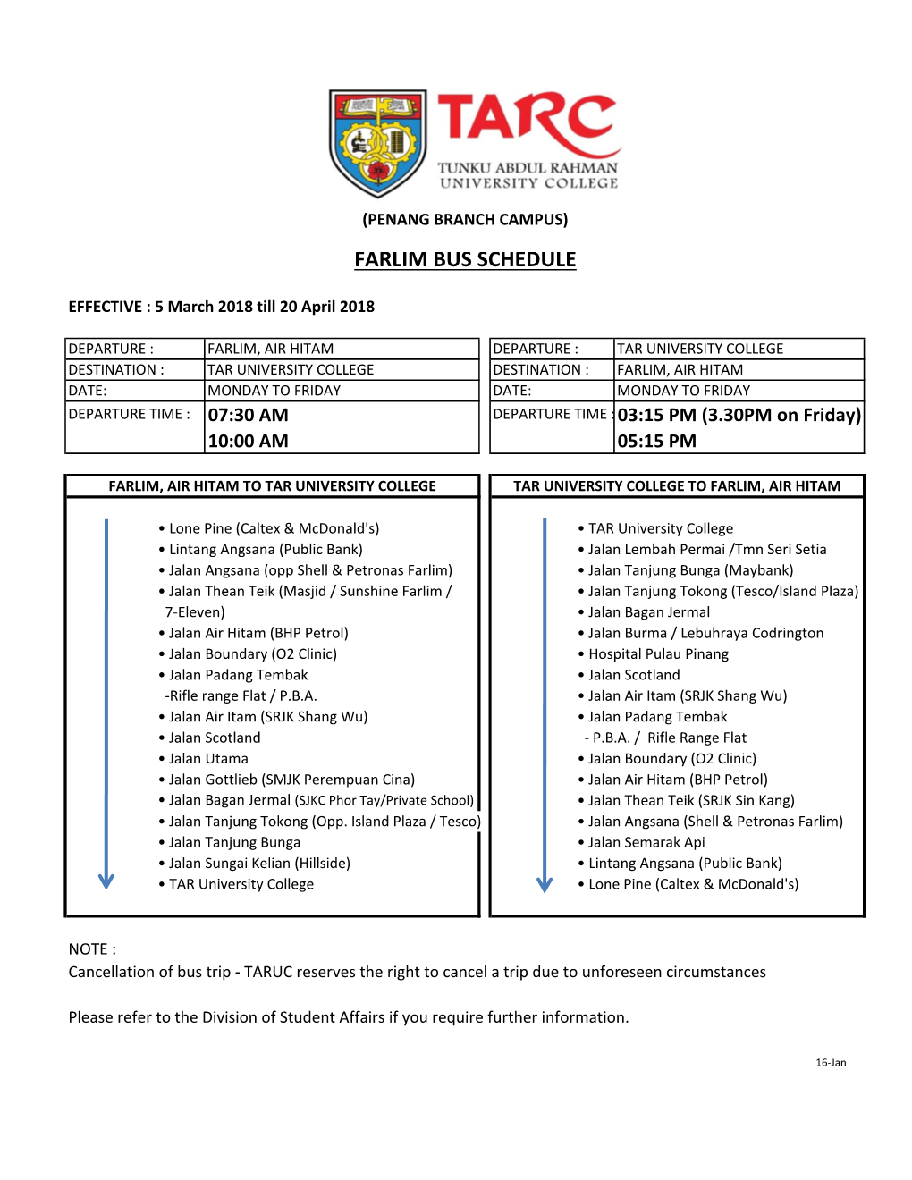 Farlim Bus Schedule