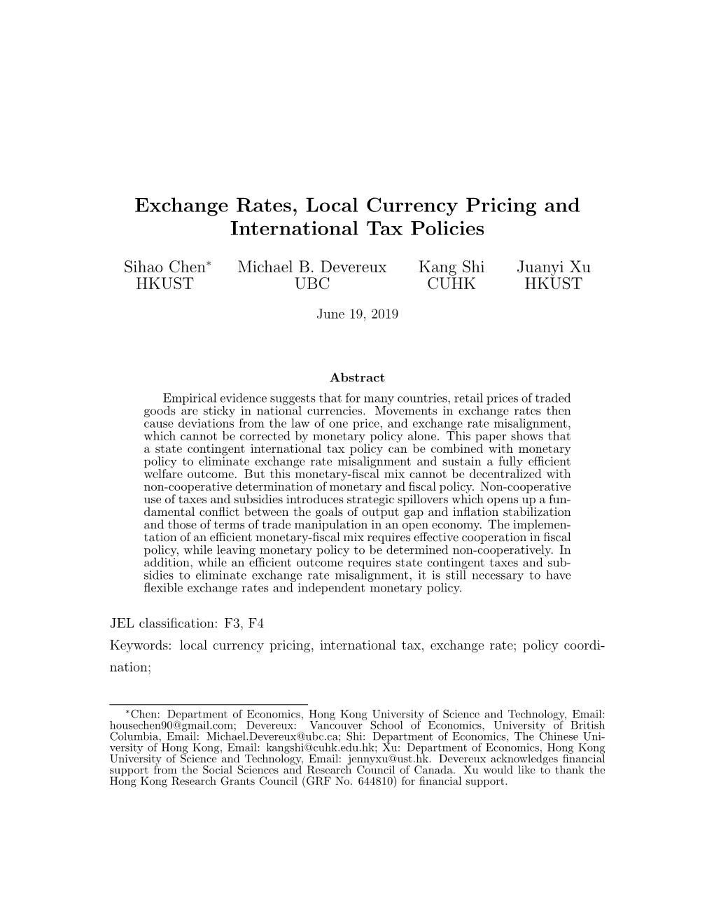 Exchange Rates, Local Currency Pricing and International Tax Policies