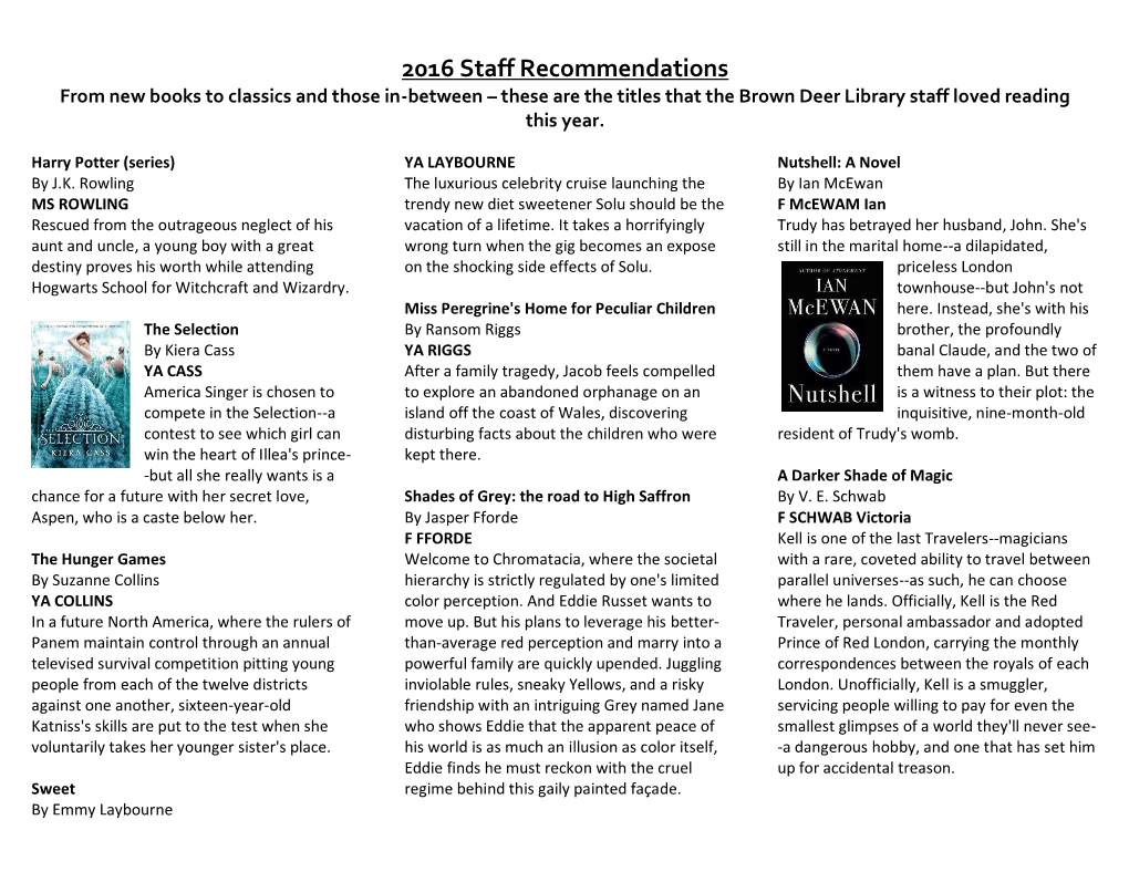 2016 Staff Recommendations (PDF)