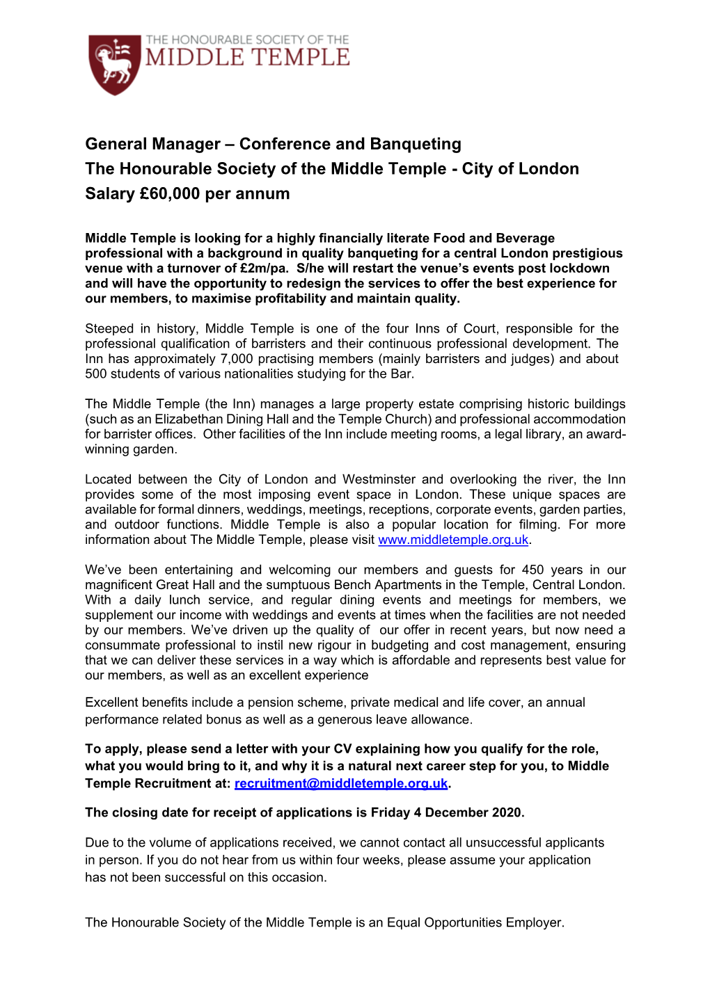 General Manager – Conference and Banqueting the Honourable Society of the Middle Temple - City of London Salary £60,000 Per Annum