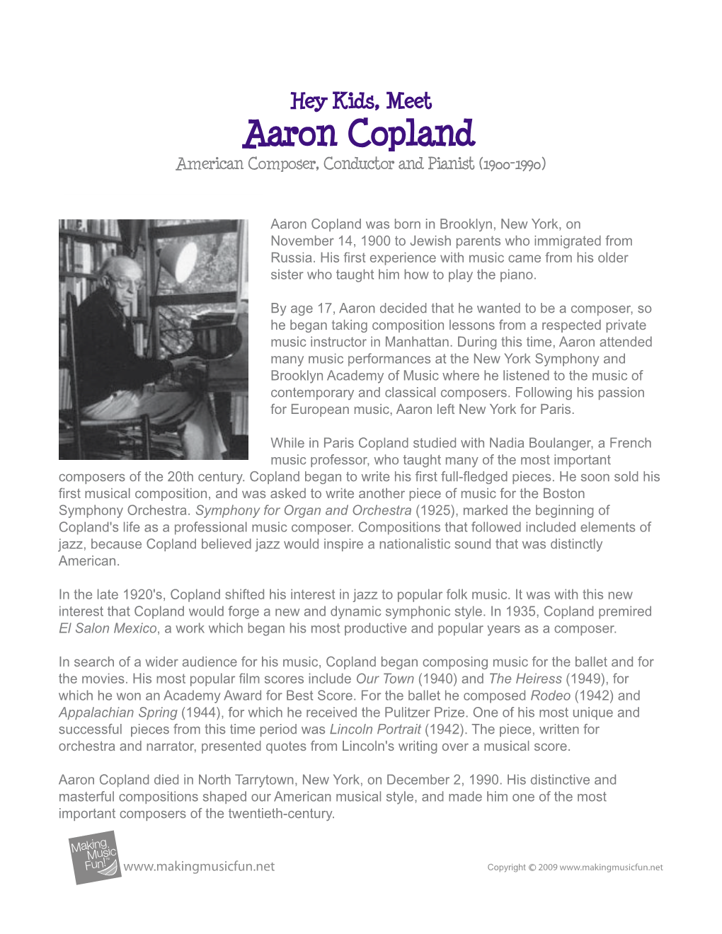 Aaron Copland American Composer, Conductor and Pianist (1900-1990)