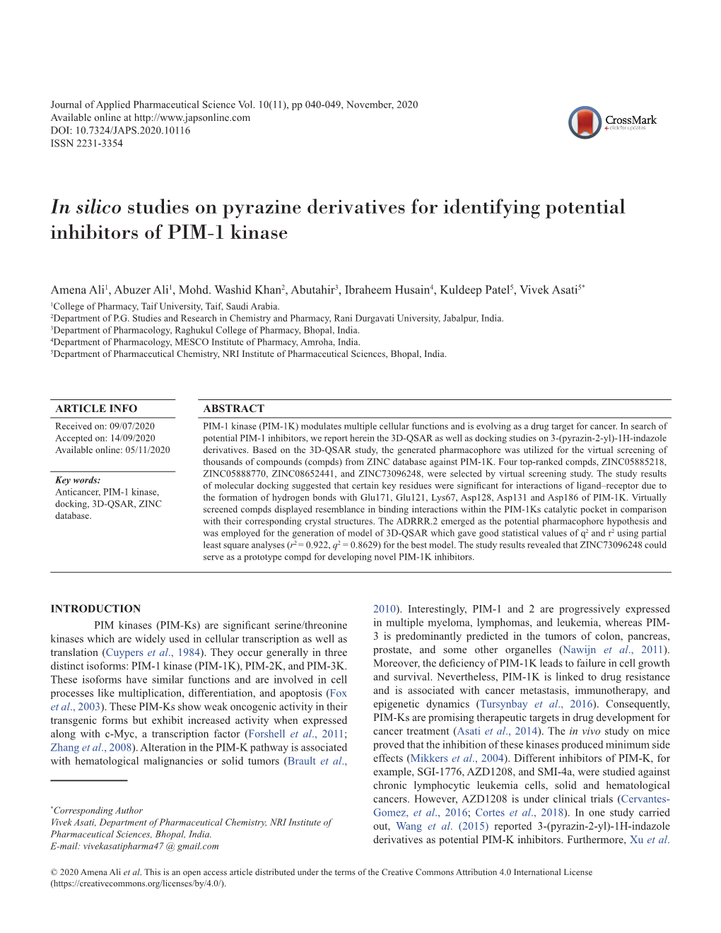 In Silico Studies on Pyrazine Derivatives for Identifying Potential Inhibitors of PIM-1 Kinase