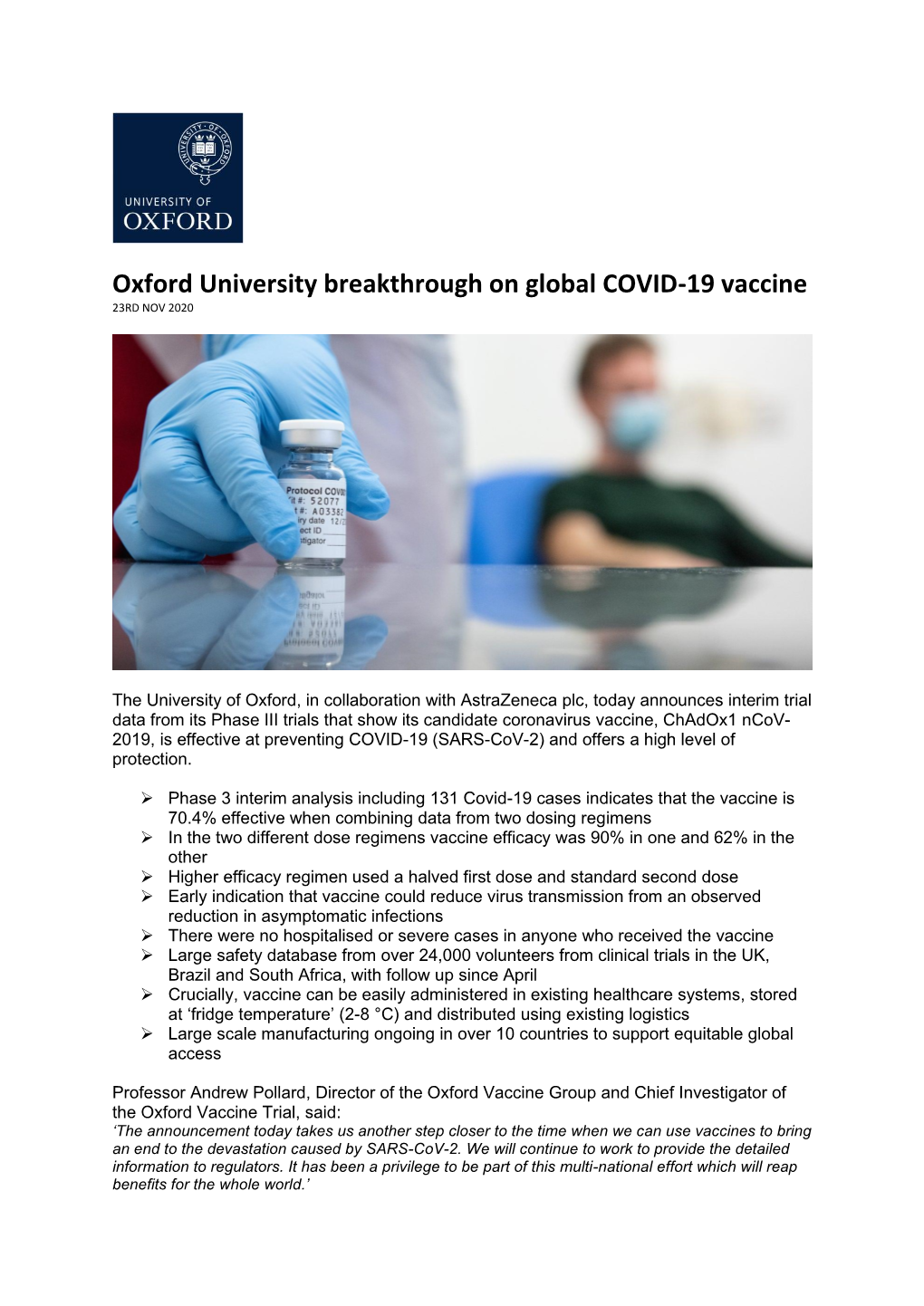 Oxford University Breakthrough on Global COVID-19 Vaccine 23RD NOV 2020