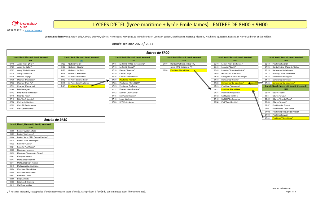 LYCEES D'etel (Lycée Maritime + Lycée Emile James) - ENTREE DE 8H00 + 9H00 02 97 01 22 71