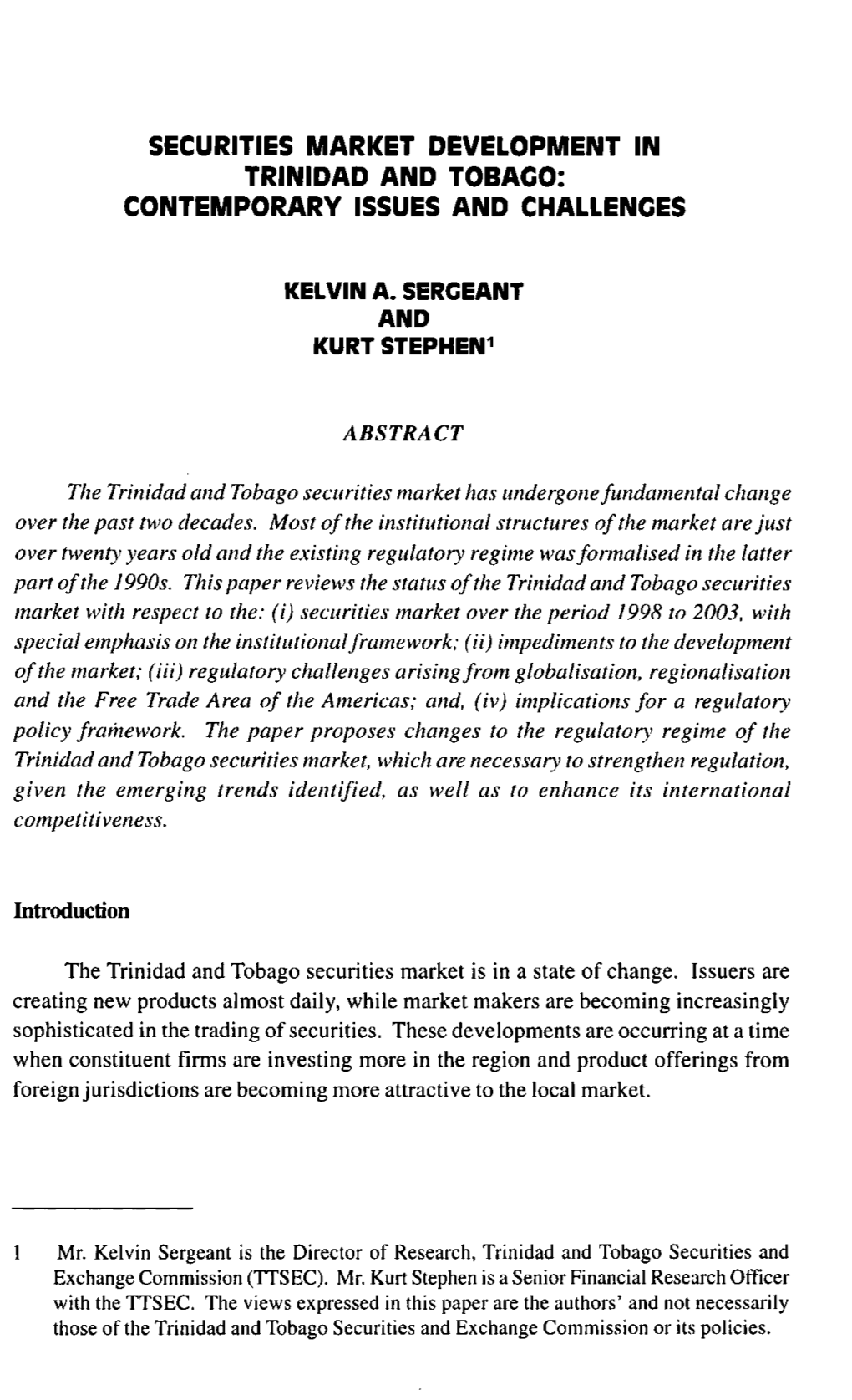 Securities Market Development in Trinidad and Tobago