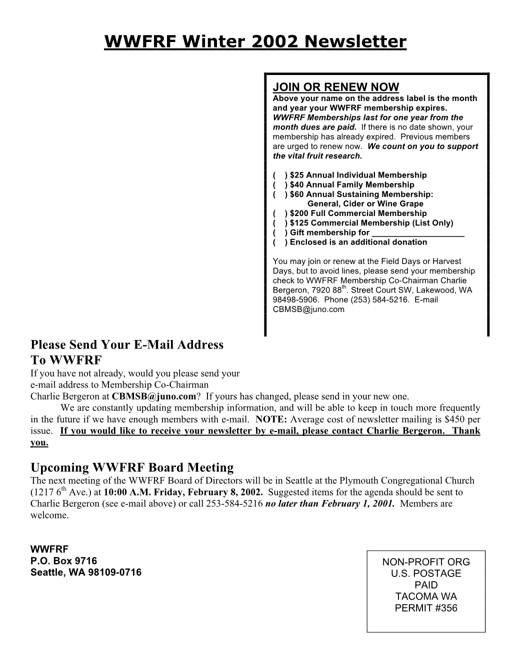 WWFRF Winter 2002 Newsletter