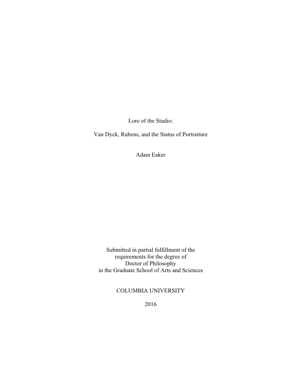 Van Dyck, Rubens, and the Status of Portraiture Adam Eaker Submitted