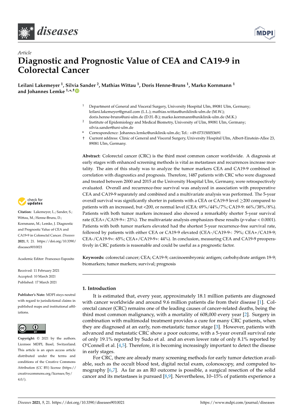 Diagnostic and Prognostic Value of CEA and CA19-9 in Colorectal Cancer