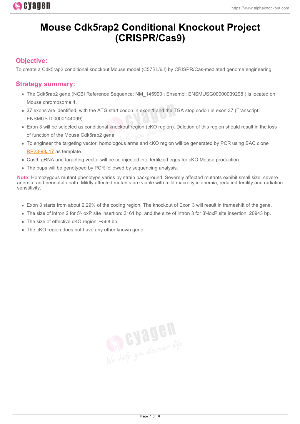 Mouse Cdk5rap2 Conditional Knockout Project (CRISPR/Cas9)