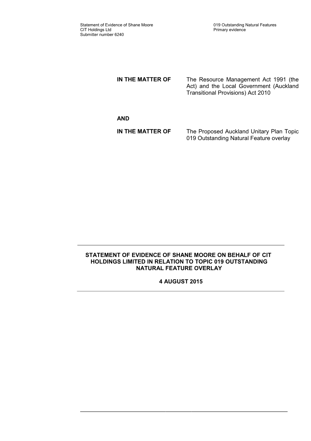 Cit Holdings Limited in Relation to Topic 019 Outstanding Natural Feature Overlay