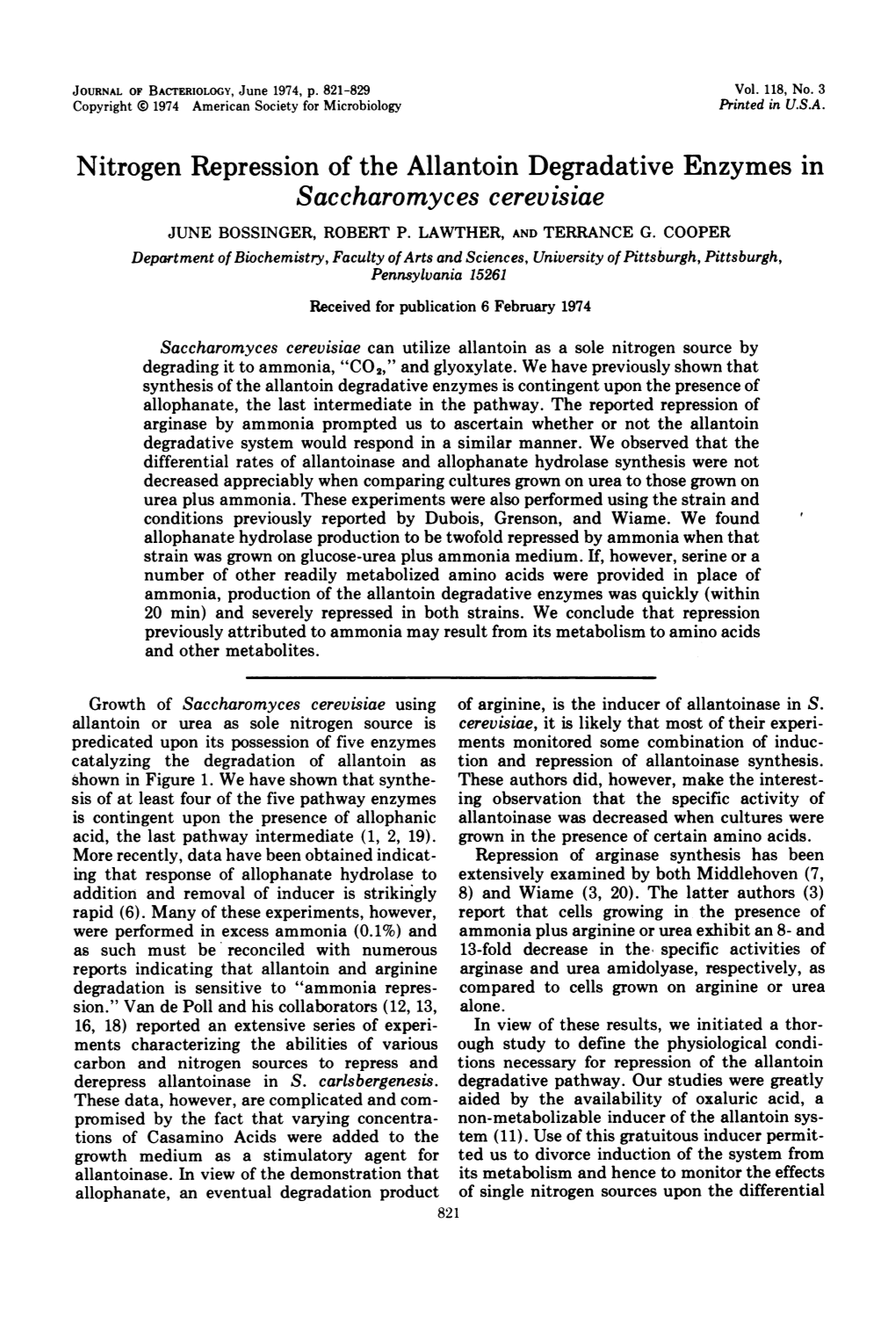 Nitrogen Repression of the Allantoin Degradative Enzymes in Saccharomyces Cerevisiae