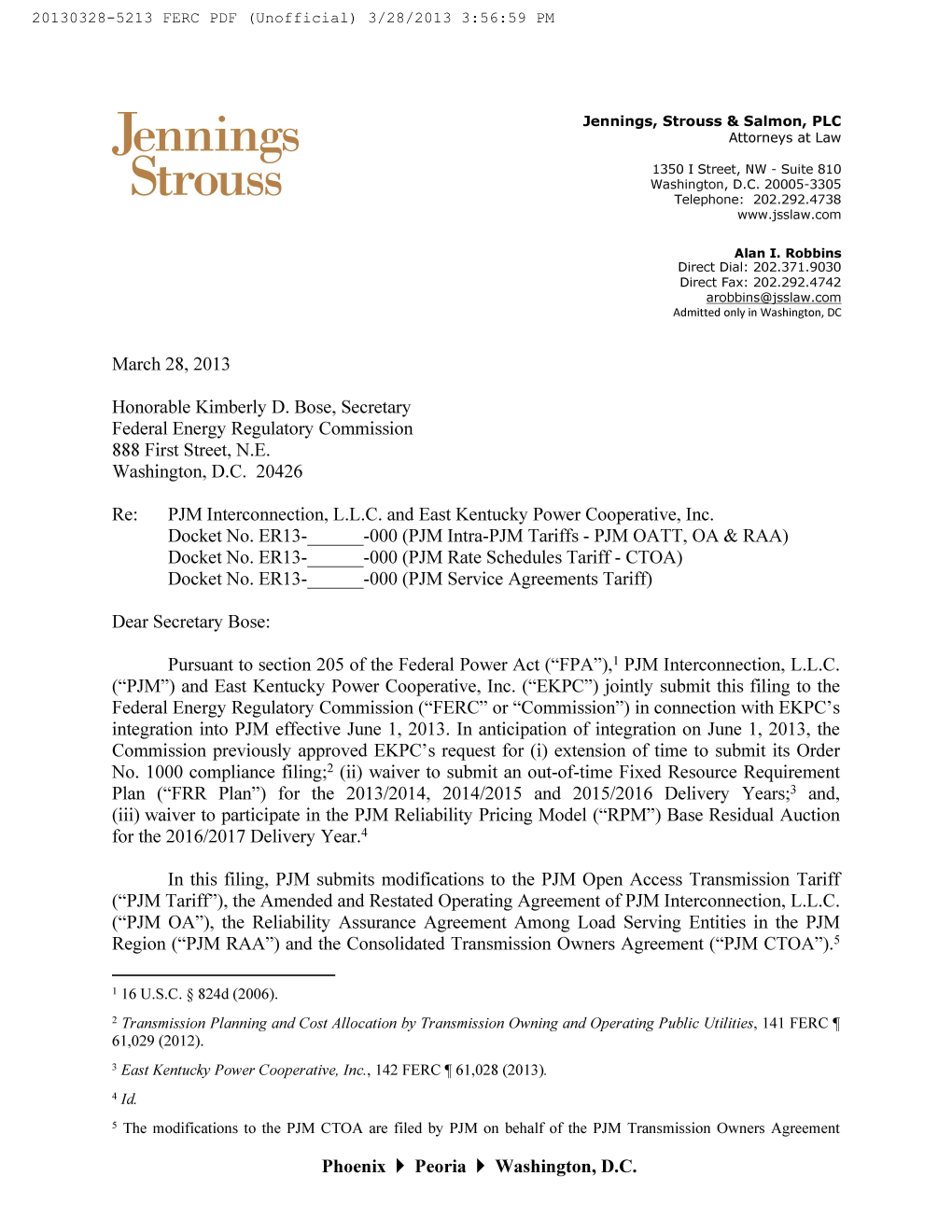 Jennings Strouss & Salmon, PLC 4775 Lexington Road 1350 I Street NW, Suite 810 P.O