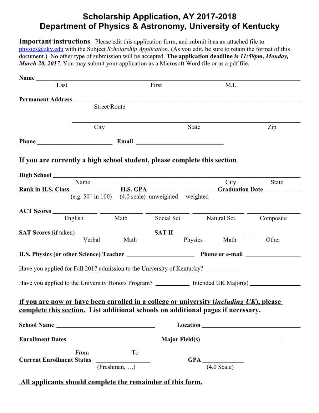 Application Form For Scholarships In Physics