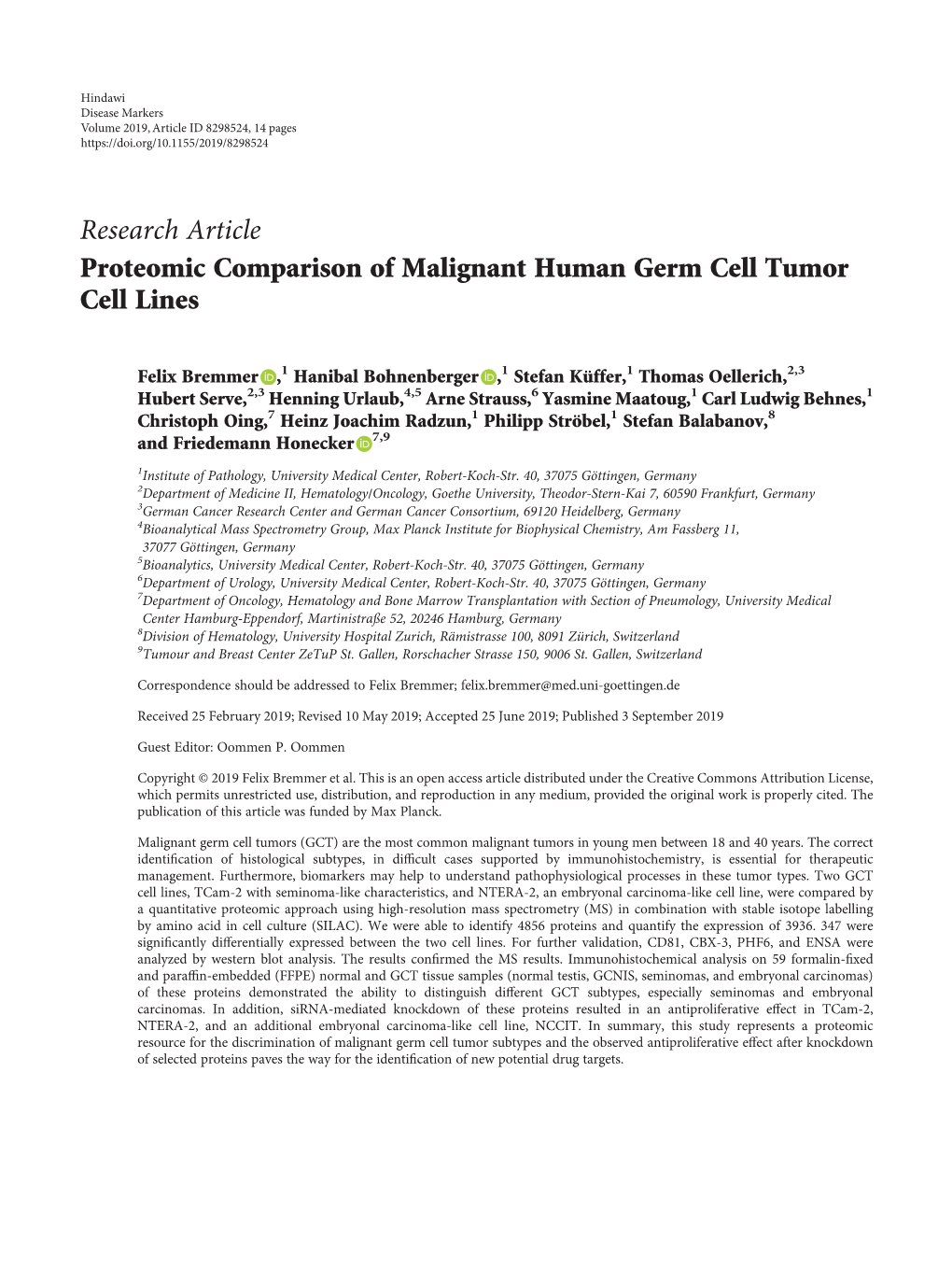 Research Article Proteomic Comparison of Malignant Human Germ Cell Tumor Cell Lines