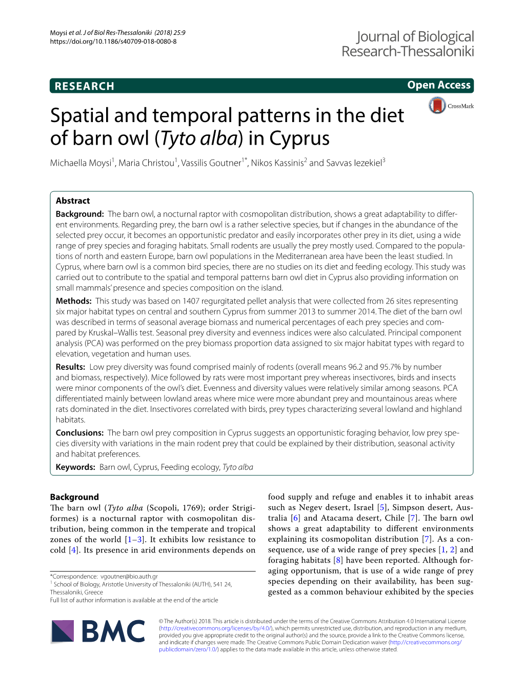 Spatial and Temporal Patterns in the Diet of Barn Owl (Tyto Alba) in Cyprus