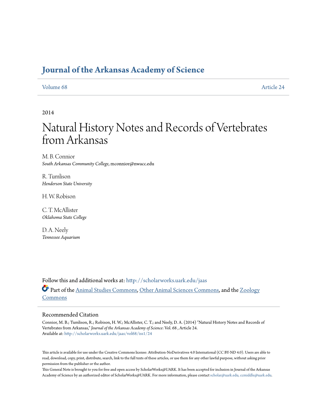 Natural History Notes and Records of Vertebrates from Arkansas M