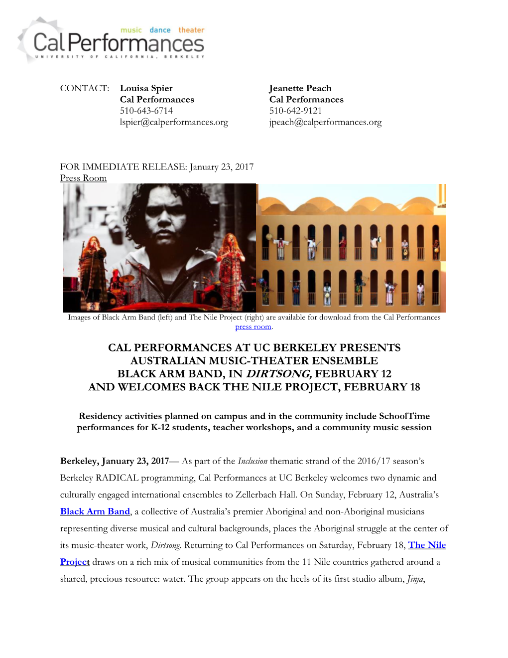 Cal Performances at Uc Berkeley Presents Australian Music-Theater Ensemble Black Arm Band, in Dirtsong, February 12 and Welcomes Back the Nile Project, February 18