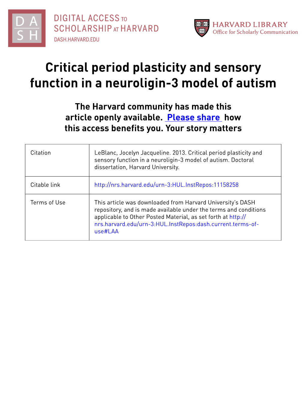 Critical Period Plasticity and Sensory Function in a Neuroligin-3 Model of Autism