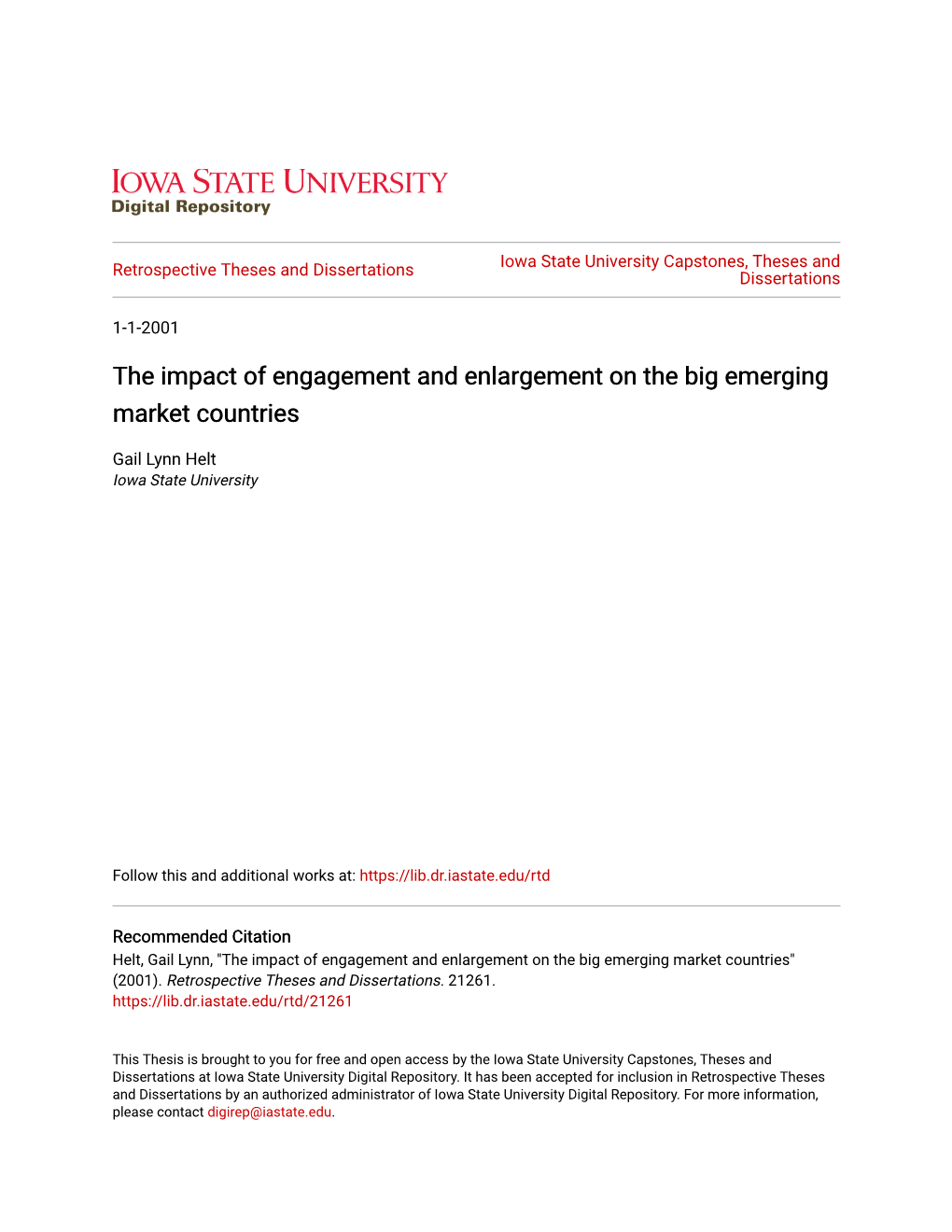 The Impact of Engagement and Enlargement on the Big Emerging Market Countries