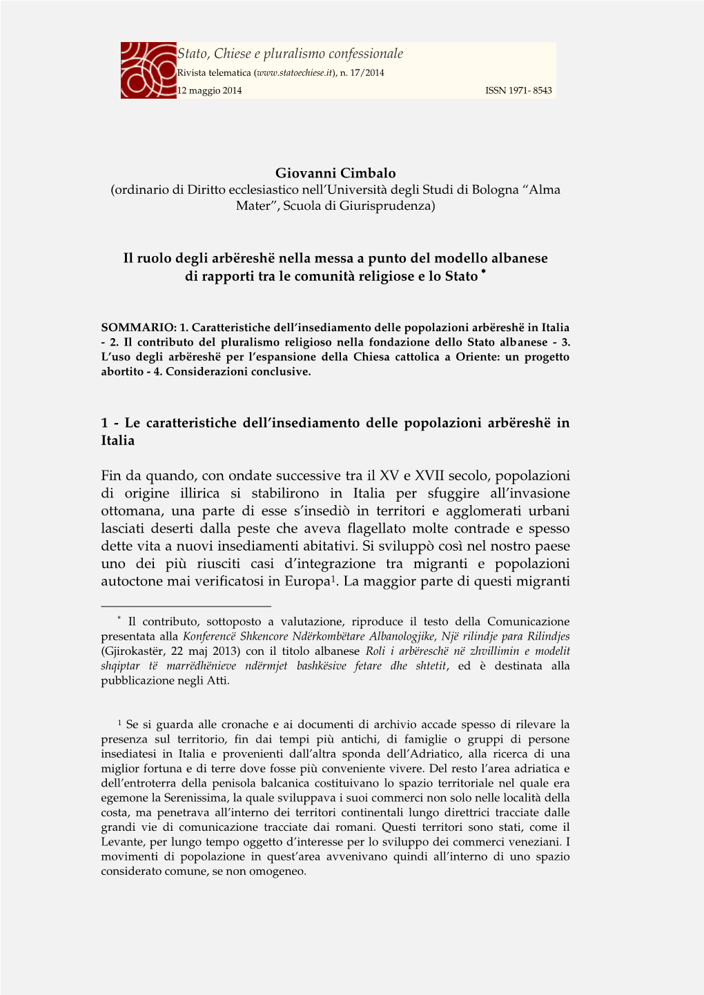 Il Ruolo Degli Arbëreshë Nella Messa a Punto Del Modello Albanese Di Rapporti Tra Le Comunità Religiose E Lo Stato 