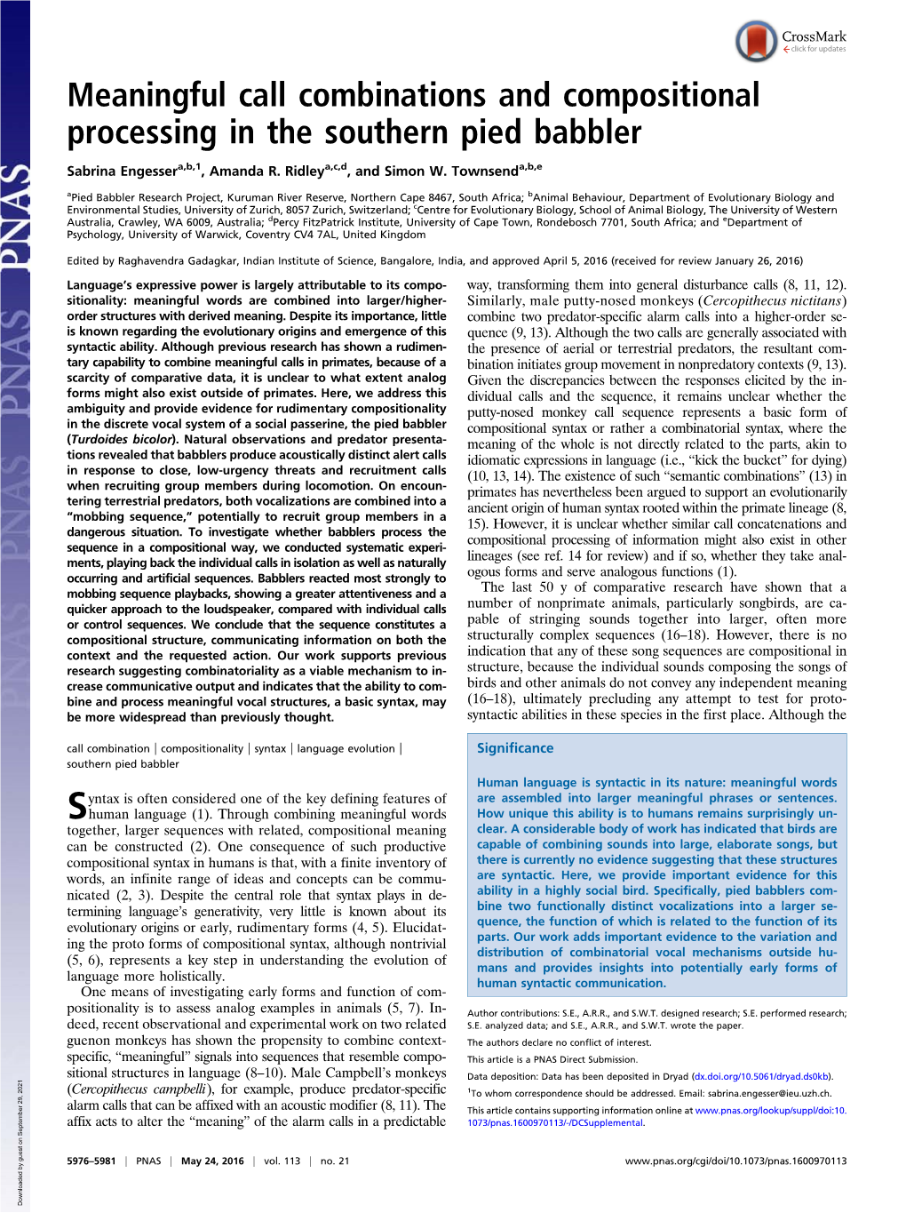 Meaningful Call Combinations and Compositional Processing in the Southern Pied Babbler