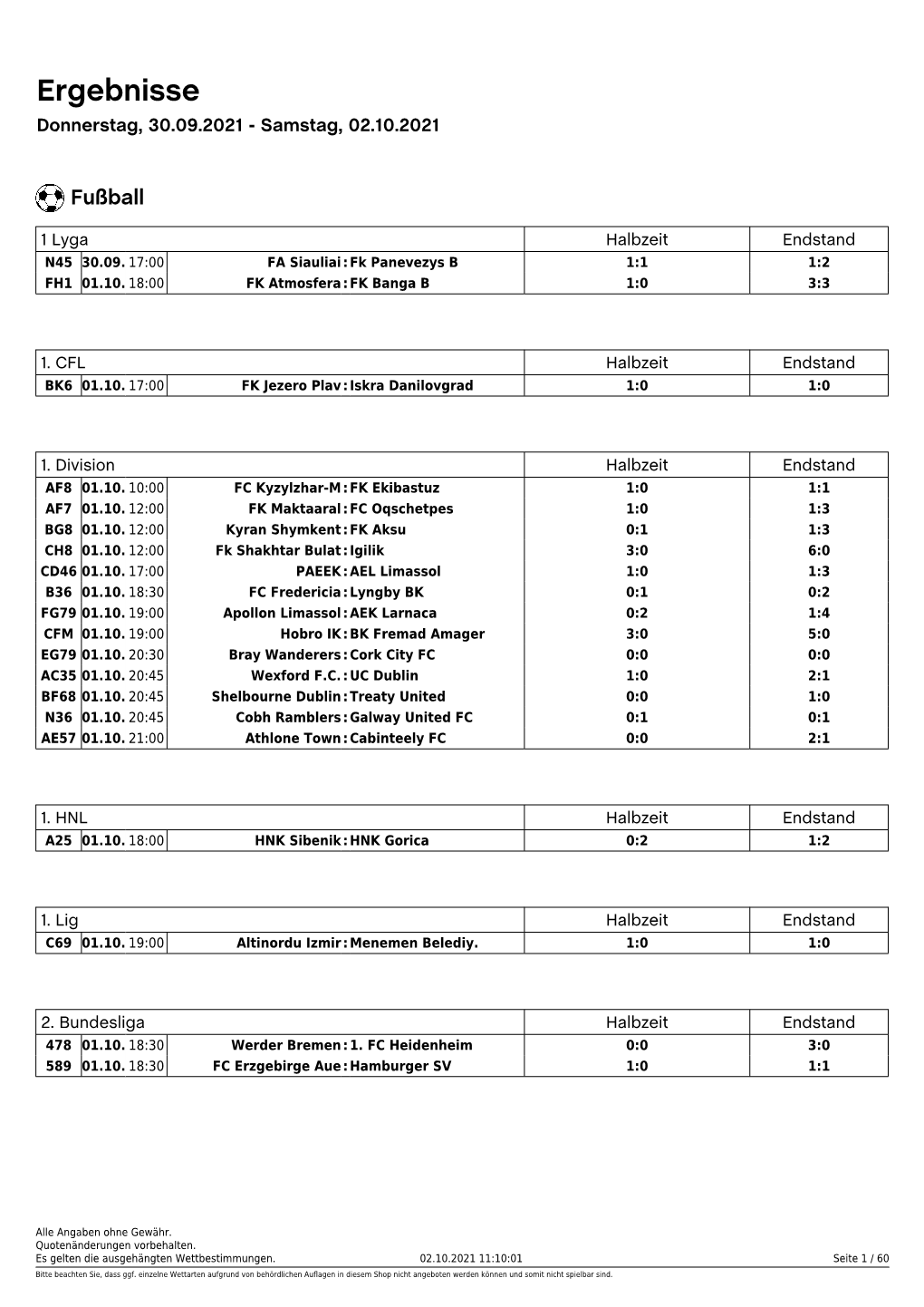 Ergebnisse Donnerstag, 30.09.2021 - Samstag, 02.10.2021