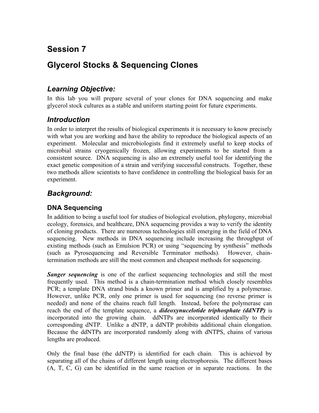 Glycerol Stocks & Sequencing Clones