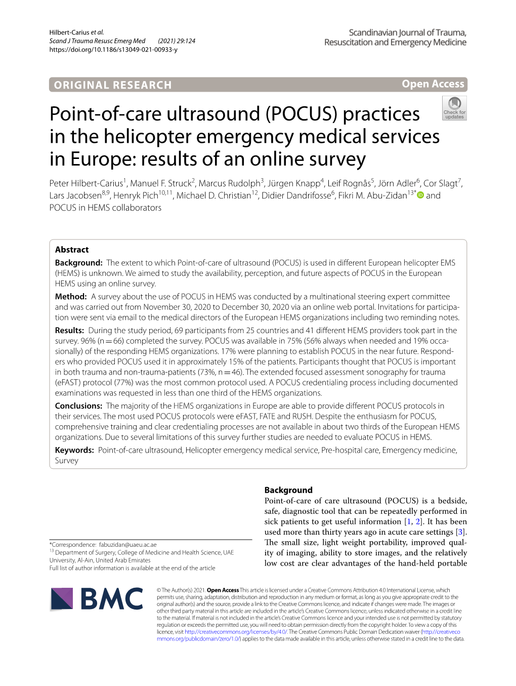 Practices in the Helicopter Emergency Medical Services in Europe: Results of an Online Survey Peter Hilbert‑Carius1, Manuel F