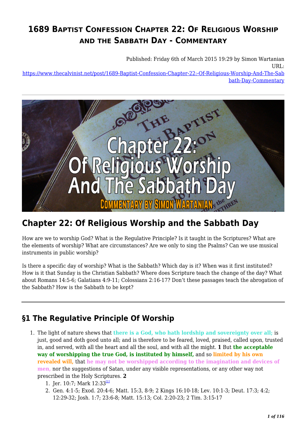 Chapter 22: of Religious Worship and the Sabbath Day - Commentary